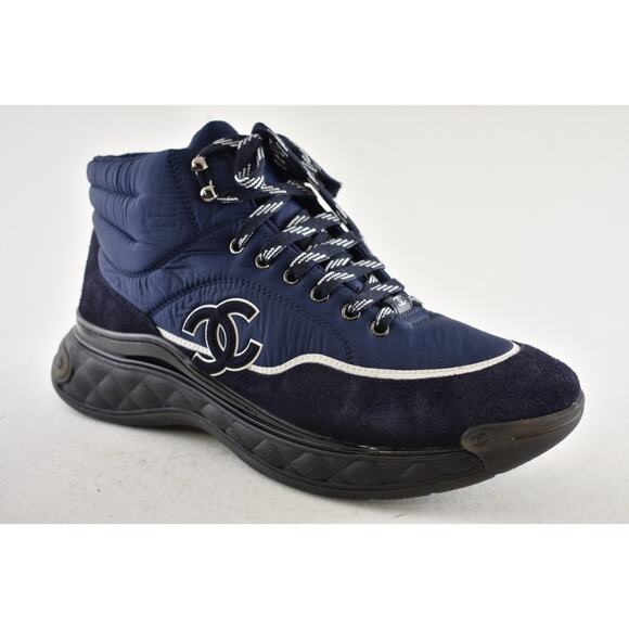 Chanel 19B Blue Quilted Platform CC Logo High Top Trainer Sneaker Boot 44 11 - Picture 5 of 12